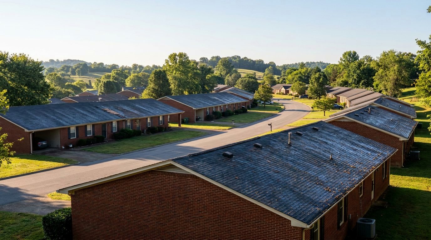 Rows of brick ranch homes with shingle roofs in Clarksville, Tennessee
