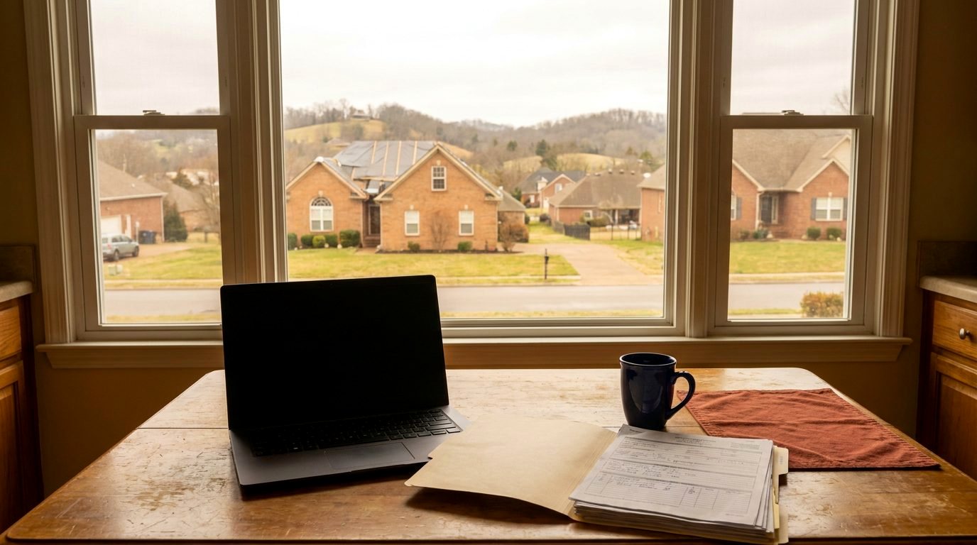 Laptop and a folder of contractor paperwork on a kitchen table with a brick house in the window