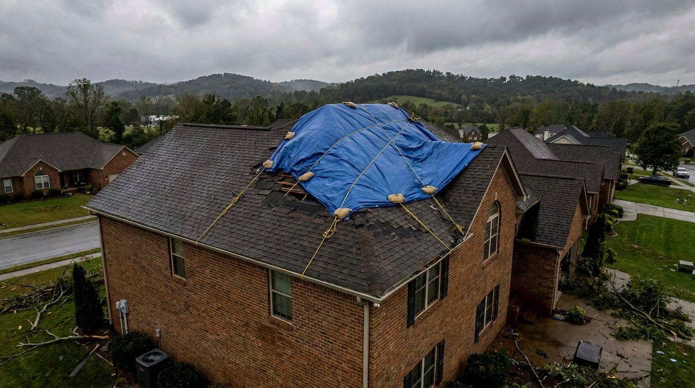 Blue tarp strapped over a storm-damaged section of a shingle roof on a brick house