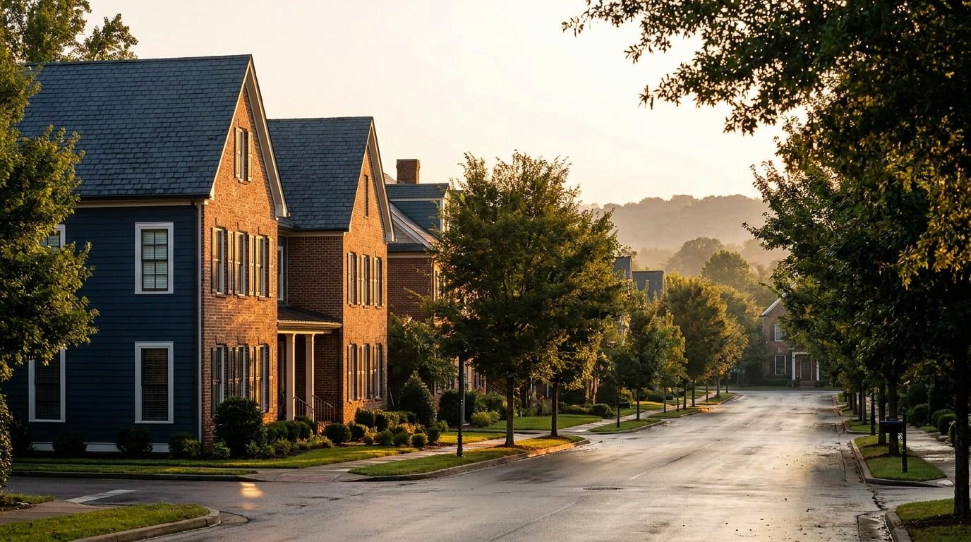 Historic brick and clapboard houses with steep roofs on a quiet street in Franklin, Tennessee