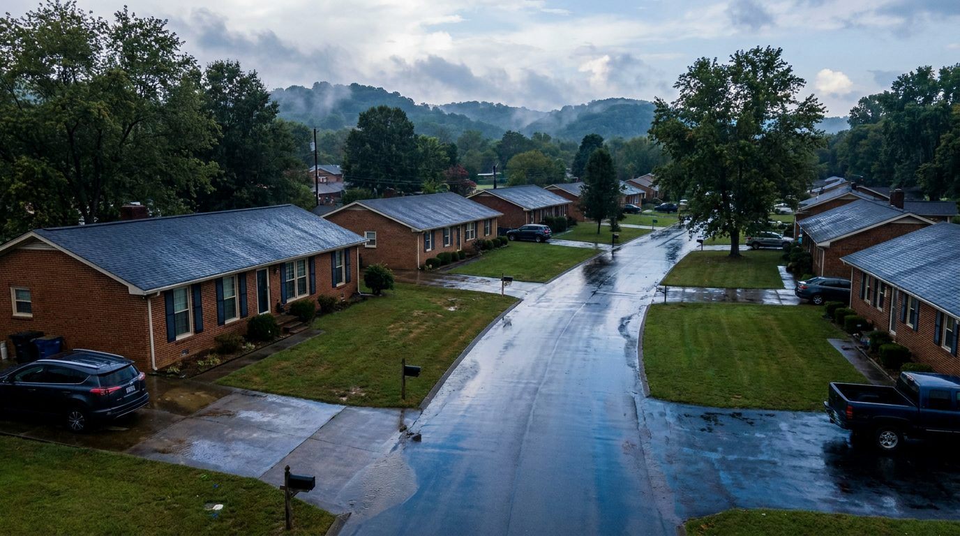 Brick ranch houses with shingle roofs along a creek-side street in Gallatin, Tennessee