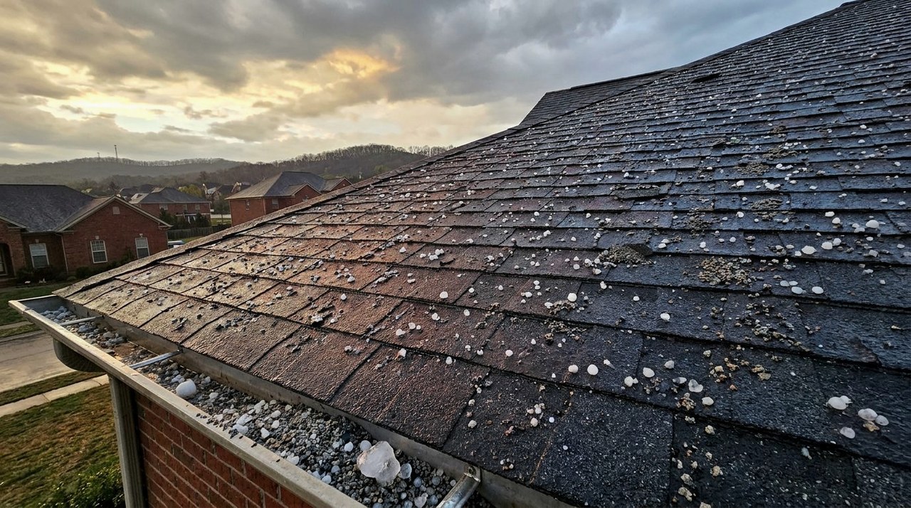 Hailstones on dark asphalt shingles after a storm, loose granules in the gutter