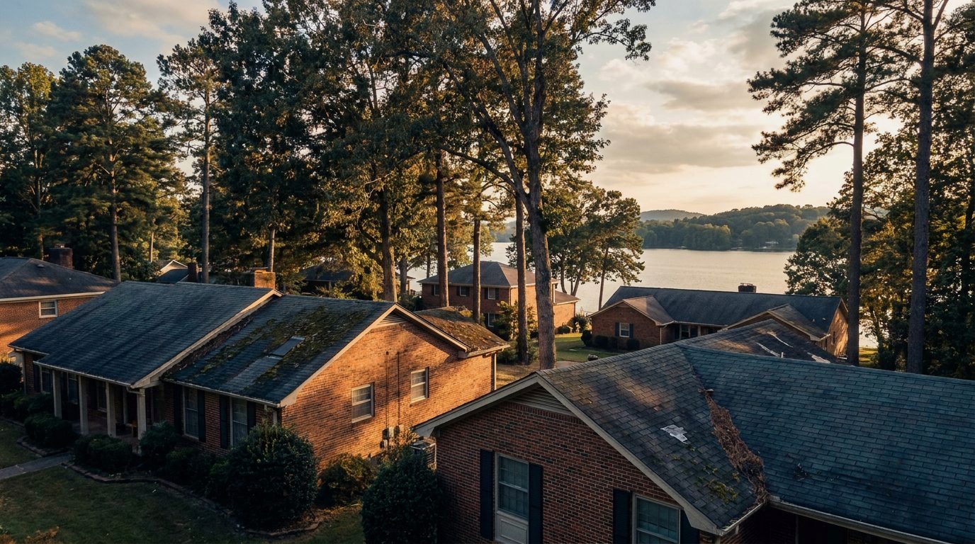 Houses with shingle roofs and tall trees near a lake shore in Hendersonville, Tennessee