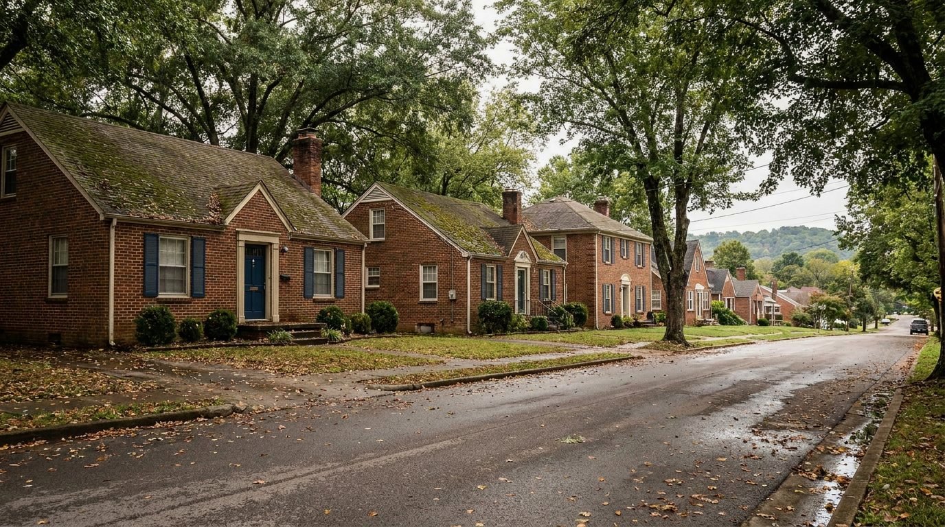 Older brick homes with aging shingle roofs on a tree-lined street in Murfreesboro, Tennessee
