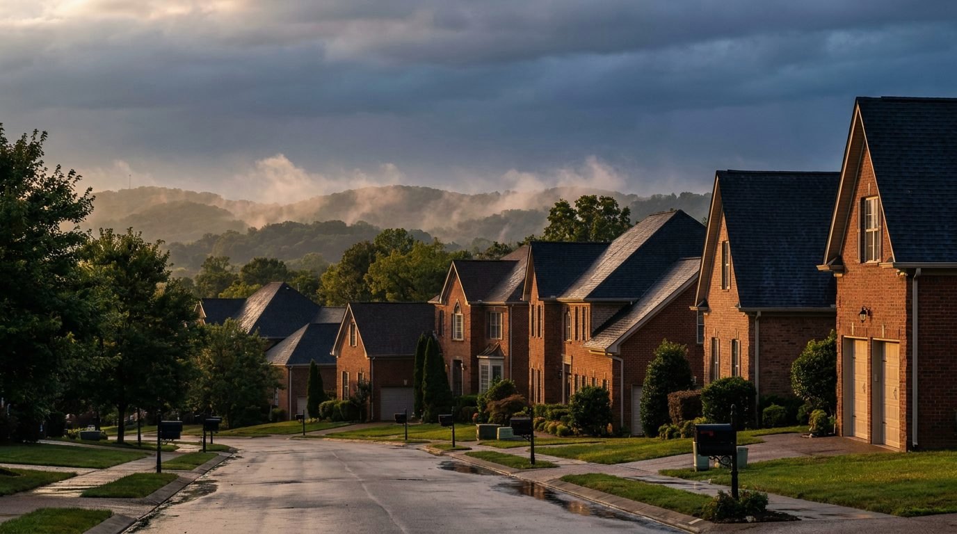 Brick houses with dark shingle roofs on a Nashville-area street with Tennessee hills behind