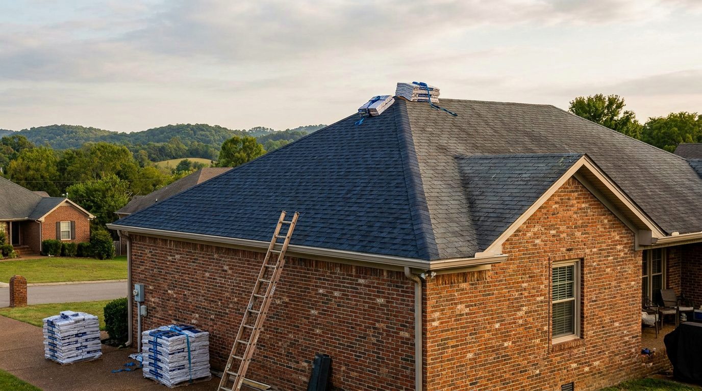 Brick house with half of the roof freshly re-shingled and shingle bundles stacked beside it