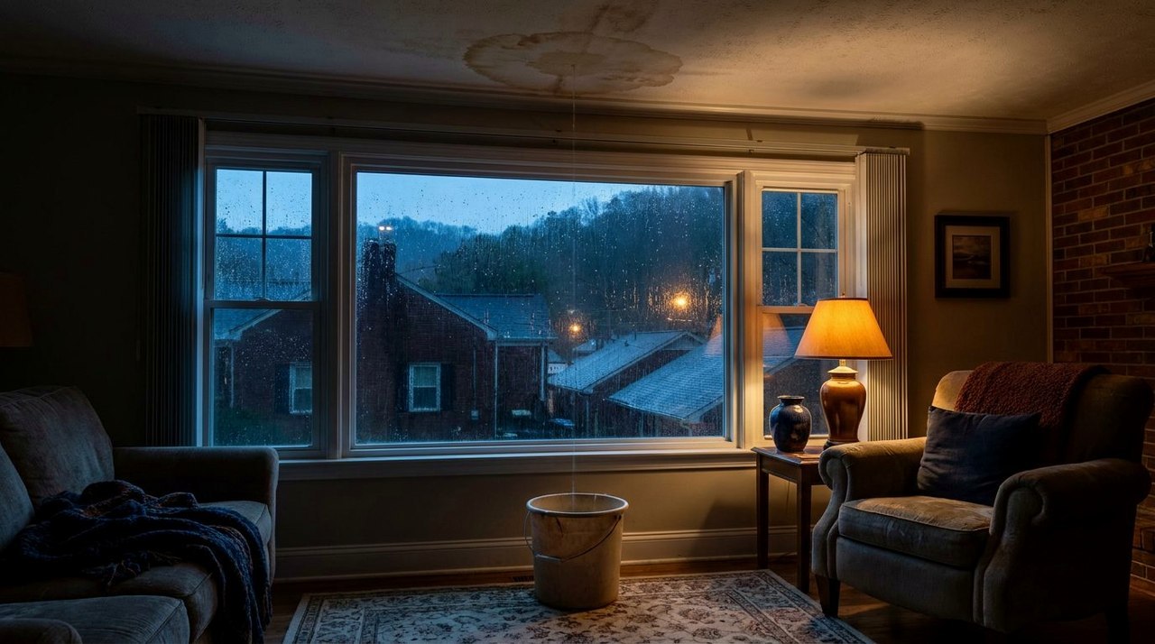 A bucket catching drips under a water-stained ceiling at night, rain on the window