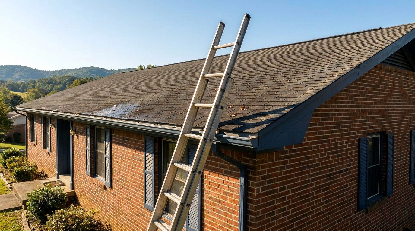 Ladder leaning against the eaves of a brick ranch house with shingles and gutters in view