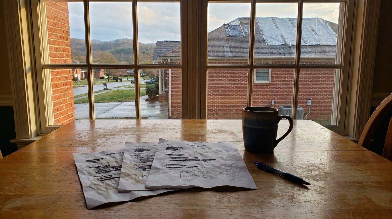 Three printed roofing estimate sheets and a pen on a wooden kitchen table