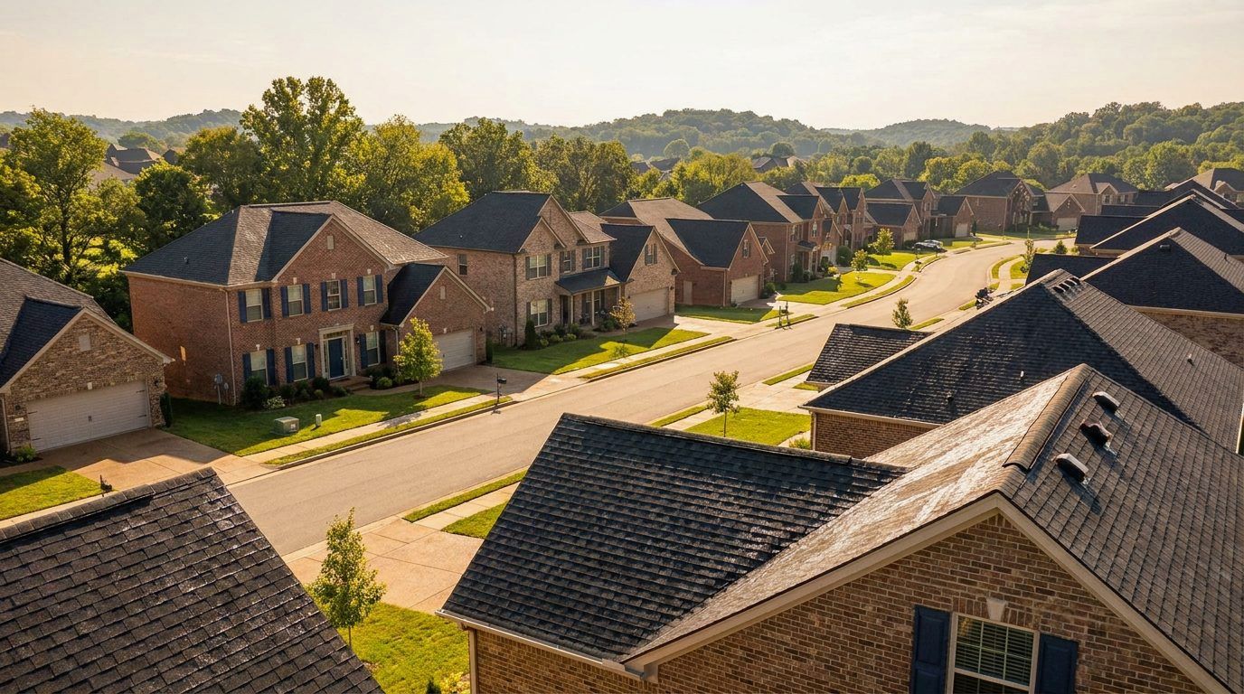 A newer subdivision of brick houses with shingle roofs in Spring Hill, Tennessee