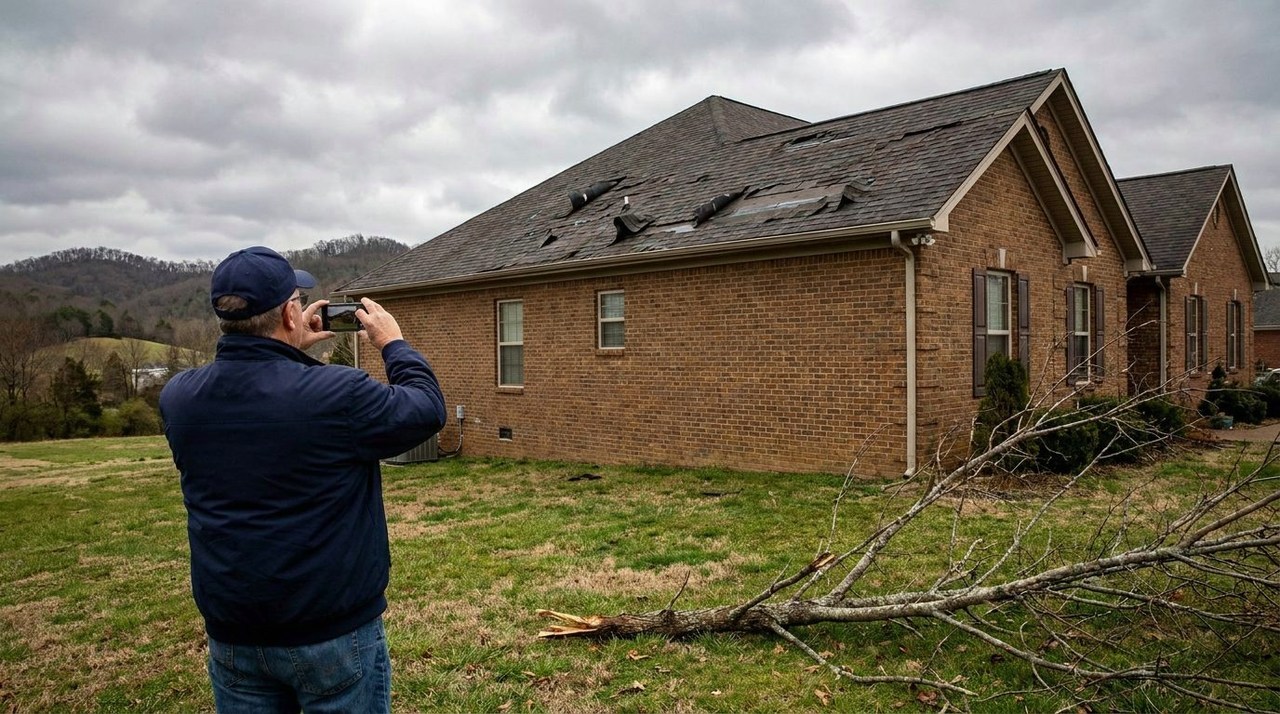 A homeowner photographing wind-damaged shingles on a brick house from the yard